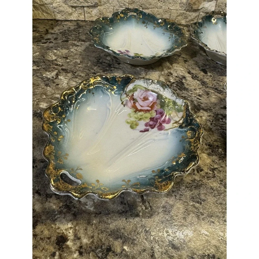 Vintage Pink Rose & Grapes W/Gold Accent Porcelain China 1 Handled 4 Fruit Bowls